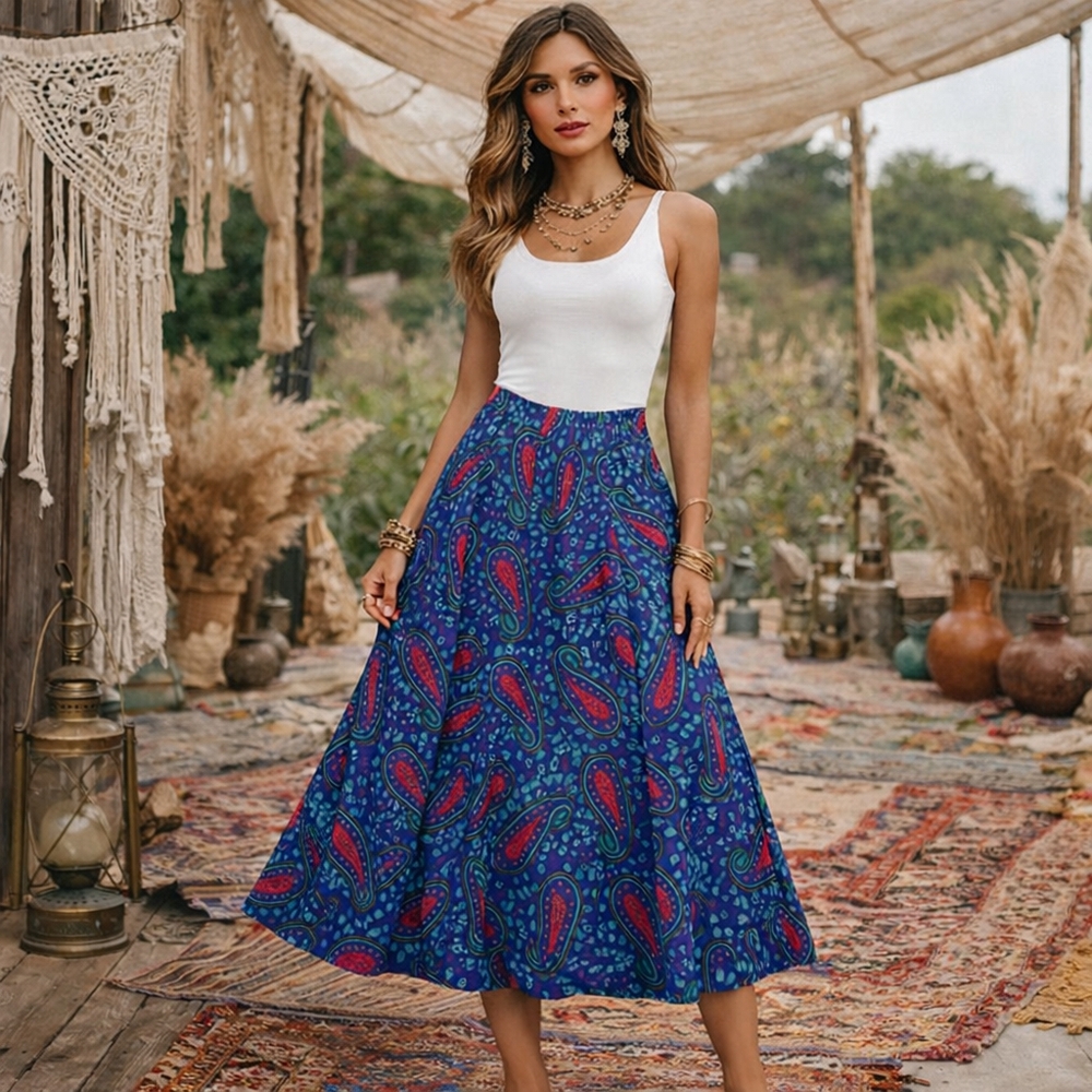 Vintage Artesport Paisley Boho Printed Long Skirt | Cotton Blend Blue Red Green